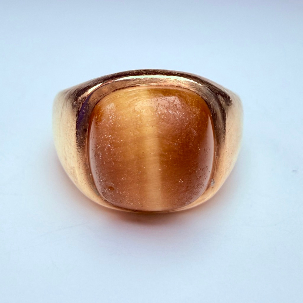 10K Solid Yellow Gold Tiger Eye Solitaire Mens Heavy Mid Century Signet VTG Ring